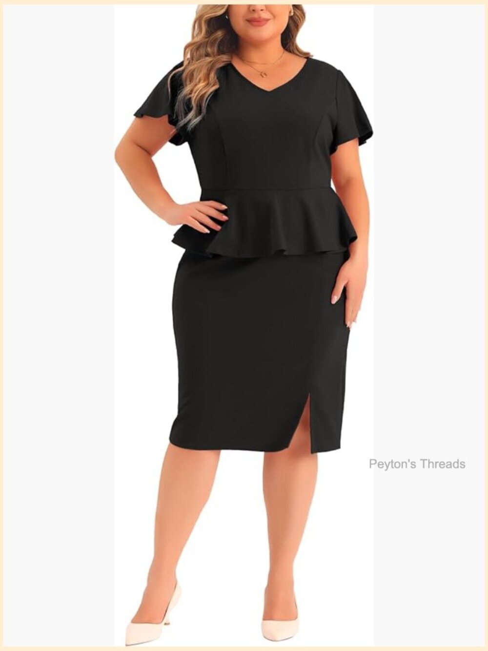 Plus Size Work Dress V-Neck Short Sleeve Peplum Pencil Midi